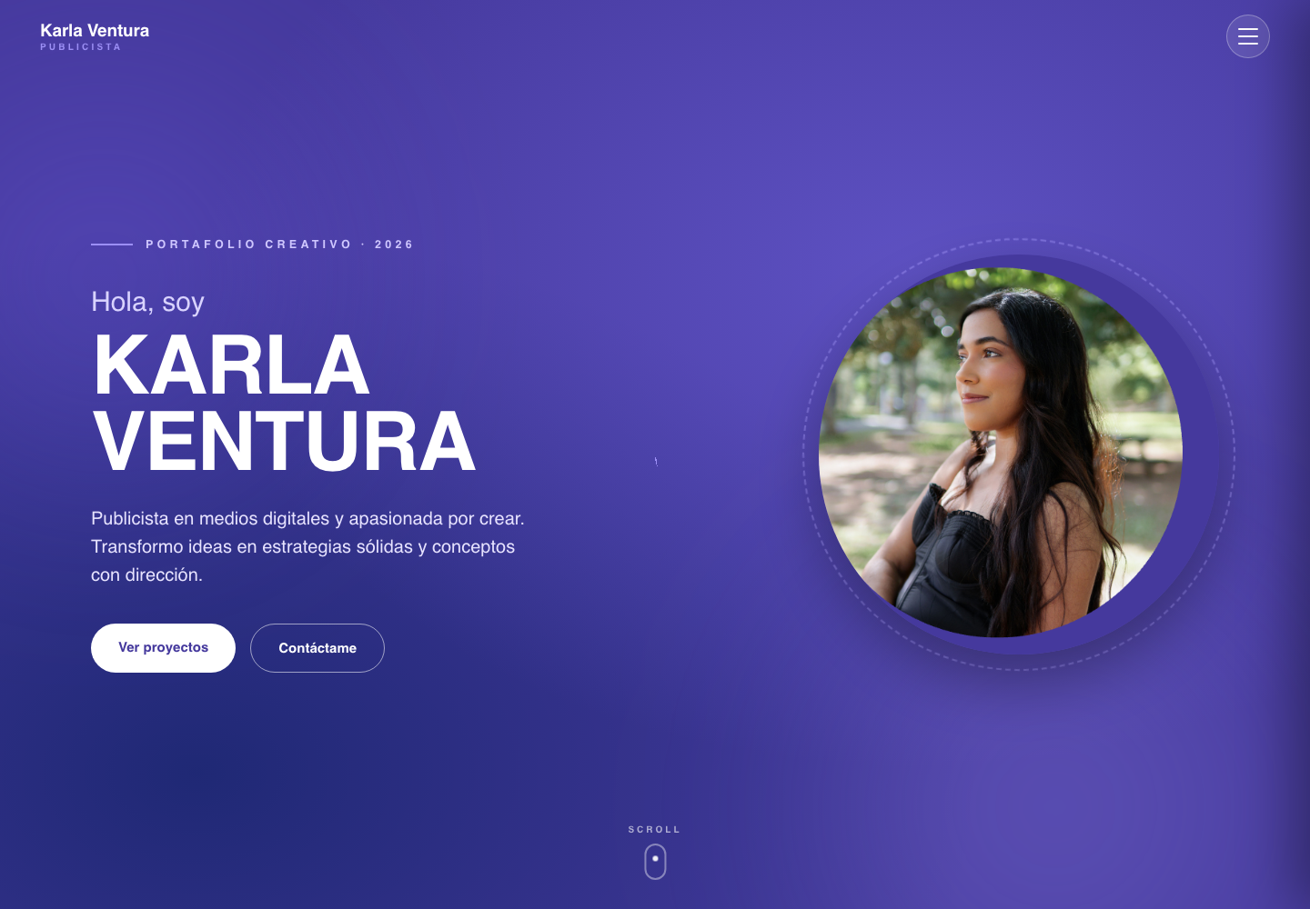 Portada del portafolio creativo de Karla Ventura, usado como referencia de landing.